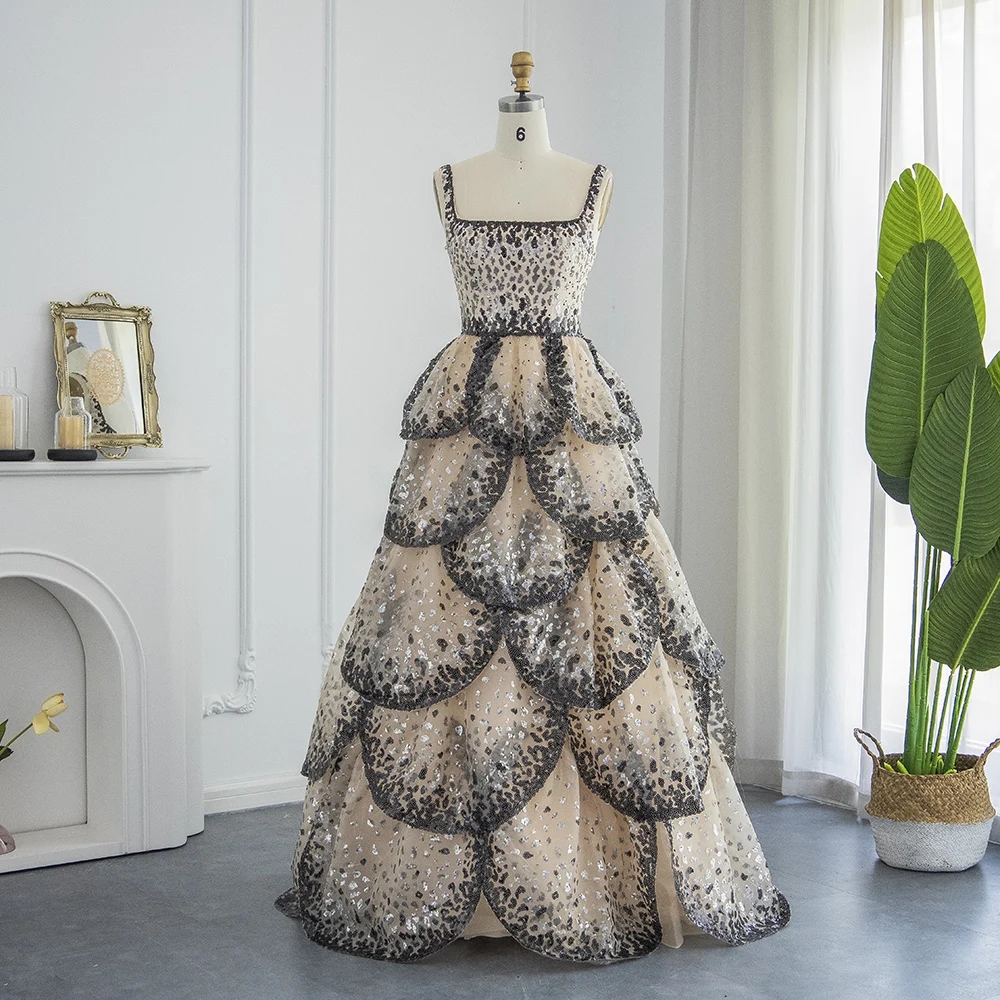2024 Dubai Evening Dresses Sparkly Square Neck Sequin Tiered Ruffles Prom Birthday Gowns Gala Robe Soiree Vestidos De Feast Custom Made