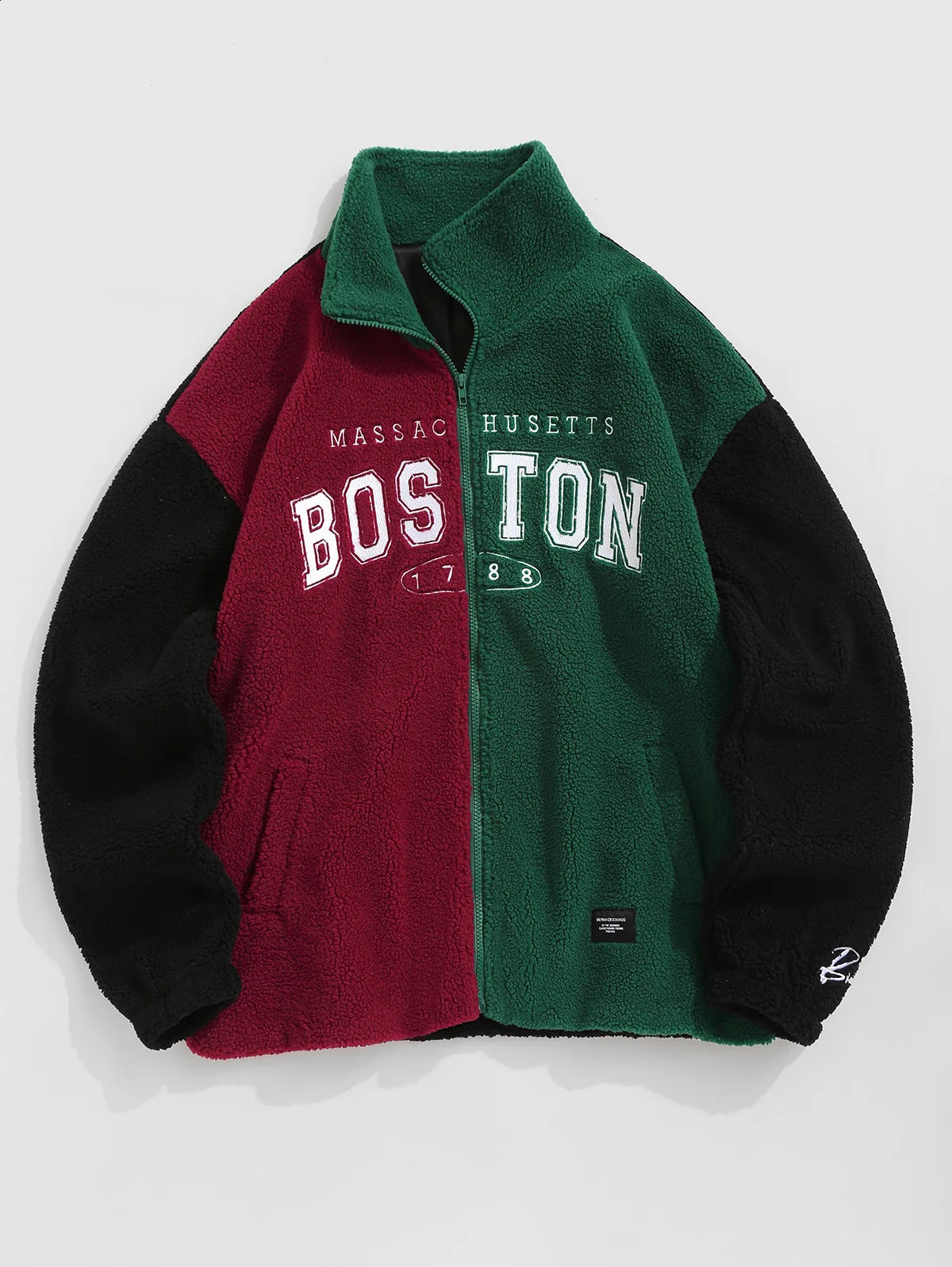 Mens MASSAC HUSETTS BOSTON Embroidered Two Tone Colorblock Zip Fluffy Synthetic Trimmer Collar Zipper Flight Jacket 240816