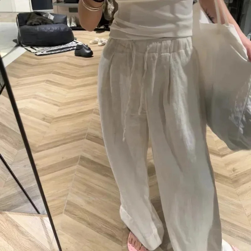 Deeptown White Basic Linen Women Pants Elastic Waist Harajuku Korean Fashion Baggy Trousers Female Thin Oversized Casual Summer 240816