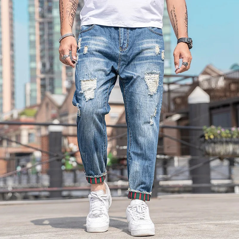 Mens ripped jeans black Distressed Plus size 44 48 denim big blue cotton jogging pants harem hiphop Trouser 240816