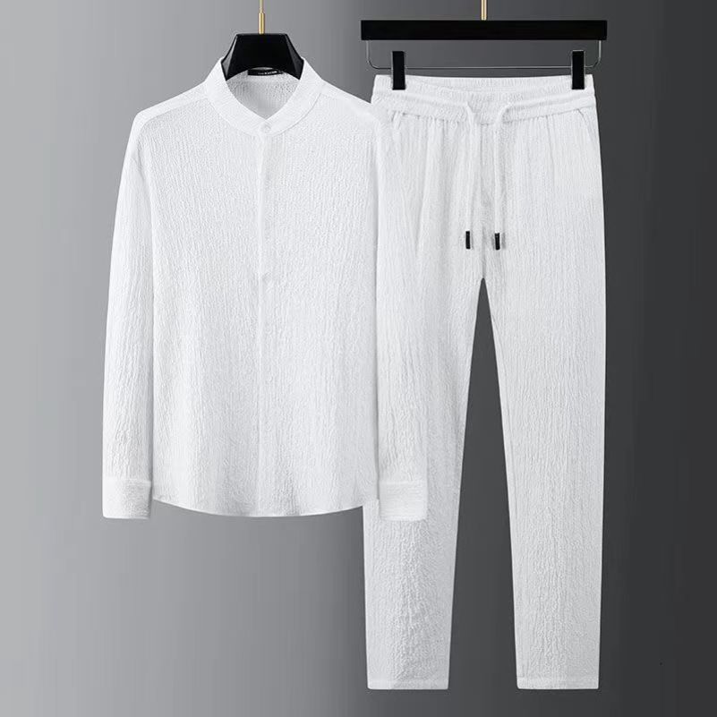 Spring Summer Fashion Suit Men Long Sleeve Casual Shirts And Pant Seersucker Striped Pleats Slim Handsome Two-piece Set 240816