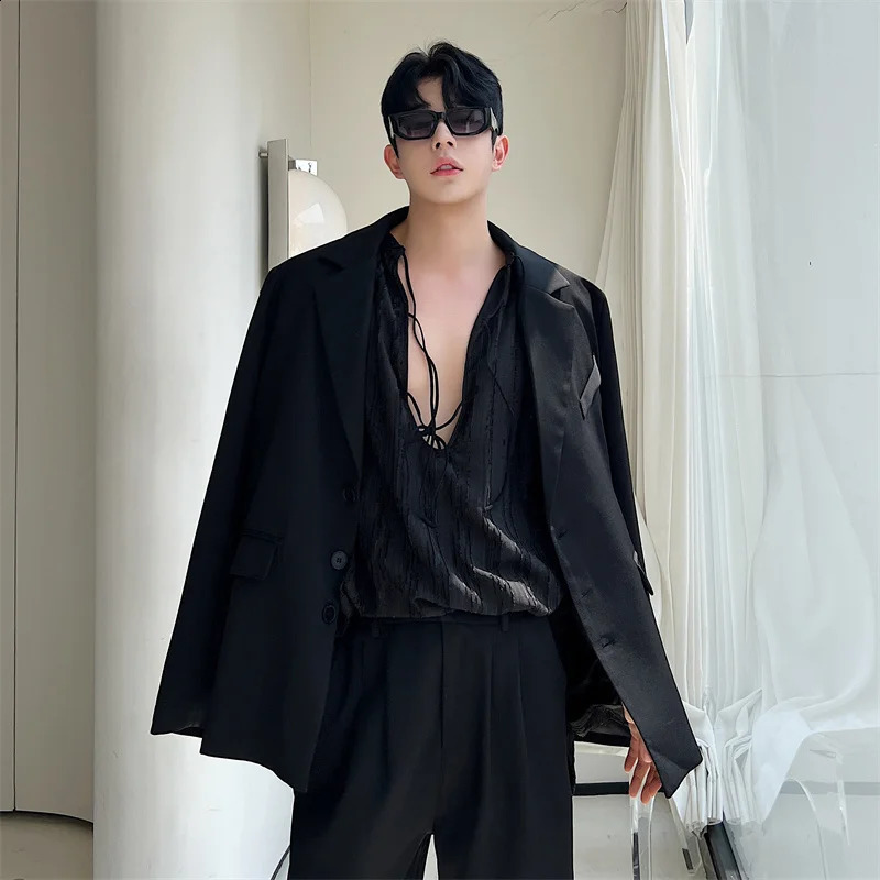 NOYMEI Korean Ruffian Flocking Dark Pattern Tie Breathable Lantern Sleeve Shirt Sexy Spring Mens Top WA4084 240816
