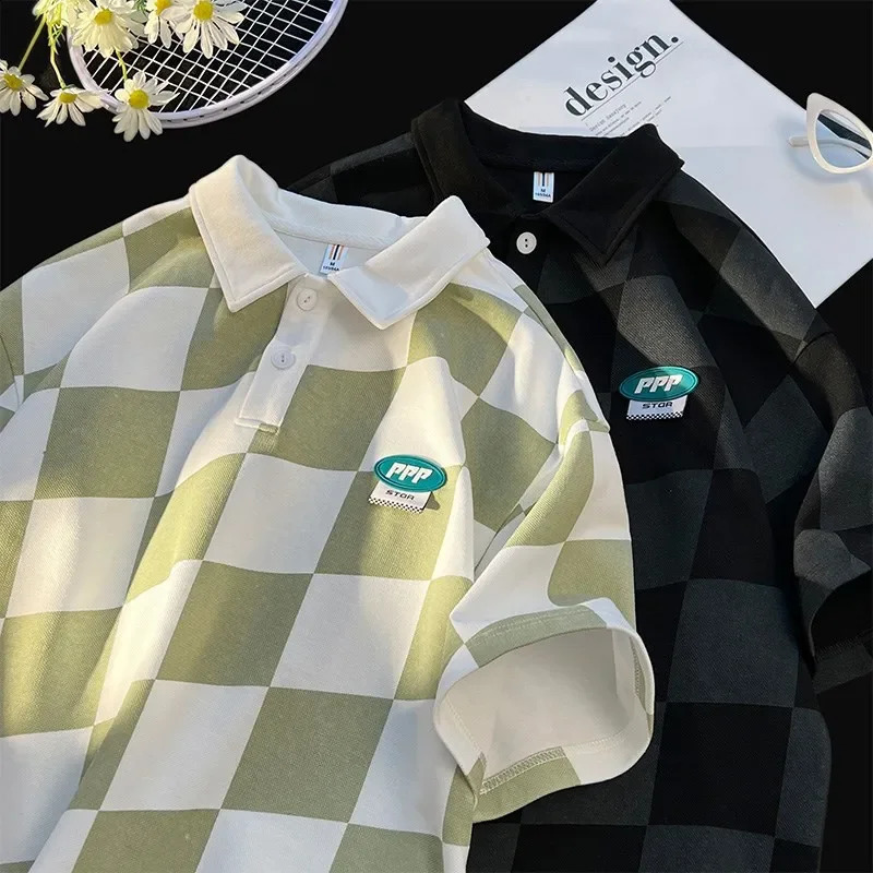 Trendy Polo Shirt Mens Summer Plaid Short Sleeves Casual Lapel T-shirt Youth Versatile Mid-sleeve Ins Hong Kong Style 240816