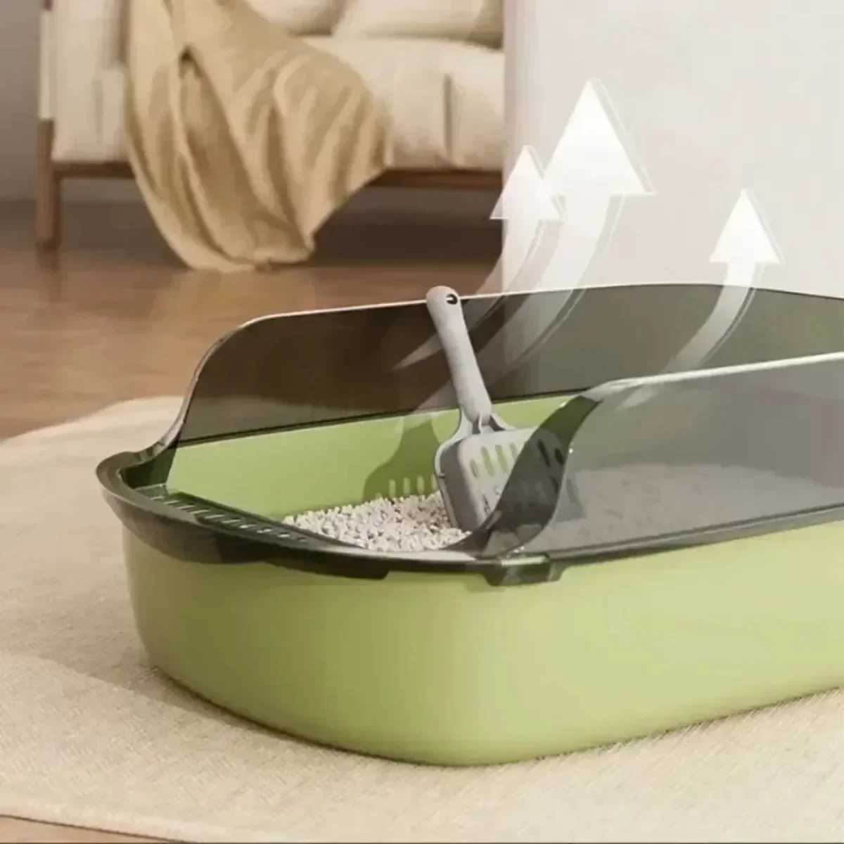 Cat Litter Box Semi Enclosed High Side Splashproof with Scoop 40x28x16cm Grey 2024 Model