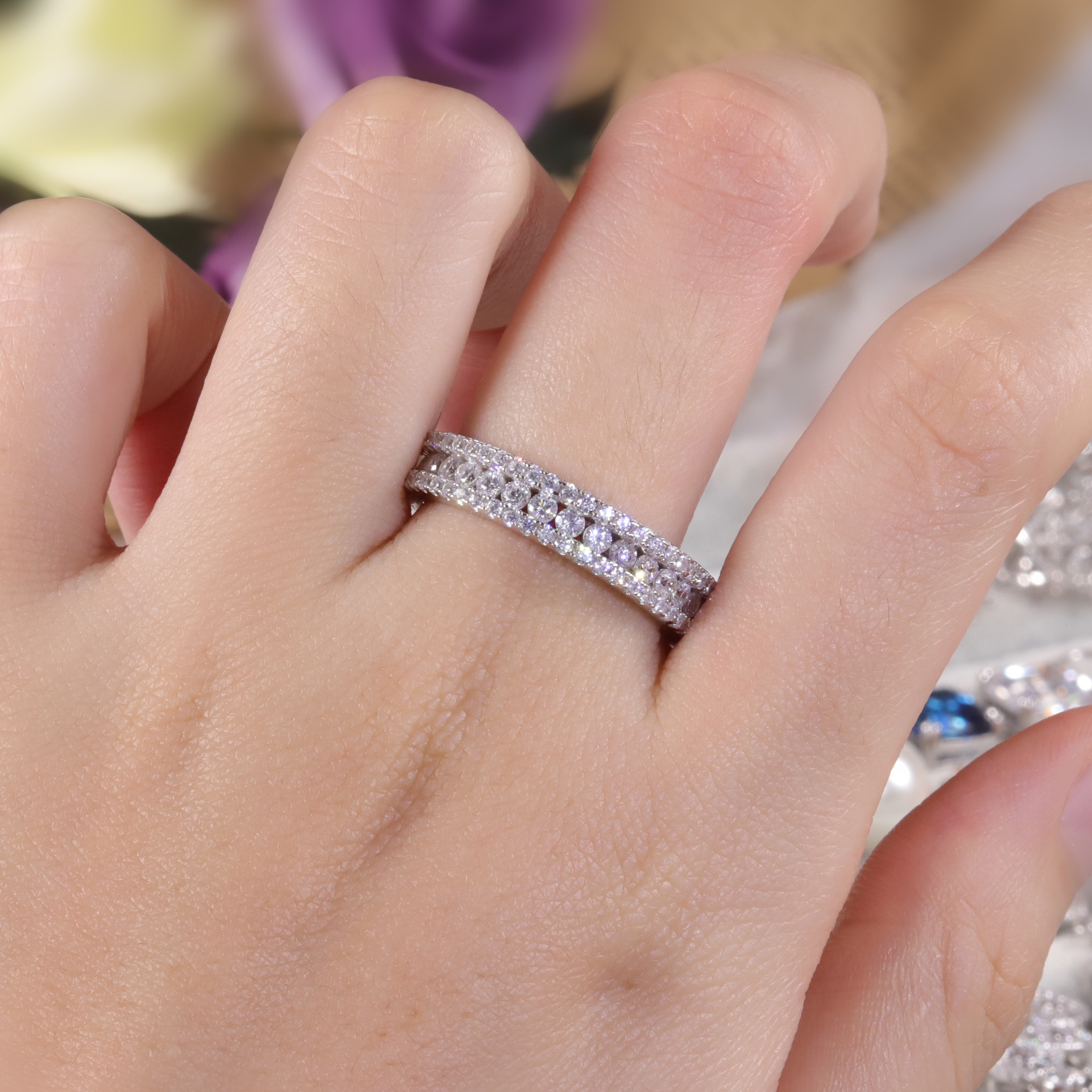 Designer Sparkling Luxury Ladies Jewelry 925 Sterling Silver Full Round Cut White Topaz CZ Diamond Gemstones Party Eternity Women Bride Wedding Ring G
