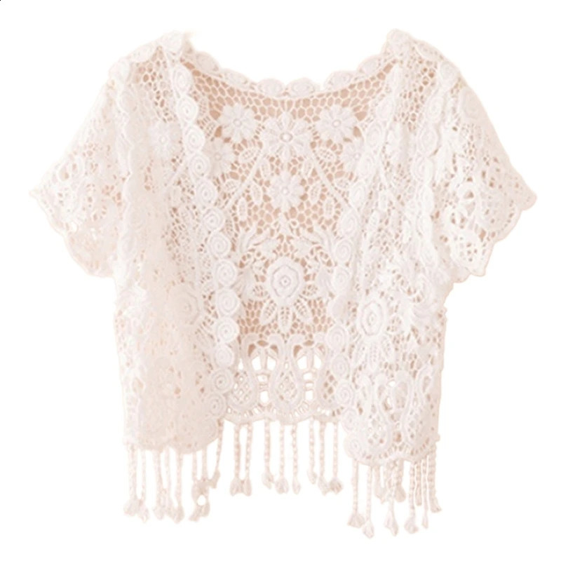 Women Short Sleeve Tassels Cardigan Lace Shrugs Sheer Beach Cover Up for Dresses N7YF 240819
