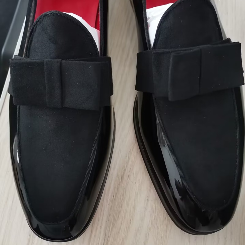 Italy Style Black Men Patent Leather Fashion Bowtie Loafers Men's Flats Dress Handmade Party And Wedding Shoes 241117