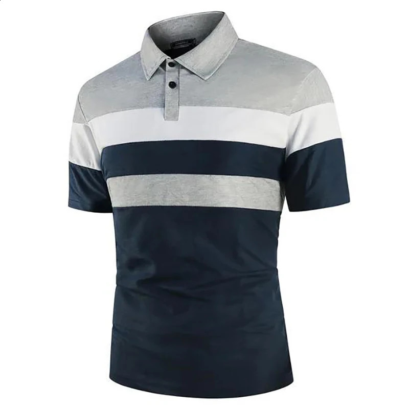 Business Casual Mens Polo T Shirt Simple Stripes Print Summer Short-Sleeve Polo Shirt Fashion Street Wear Oversized Clothes 240816