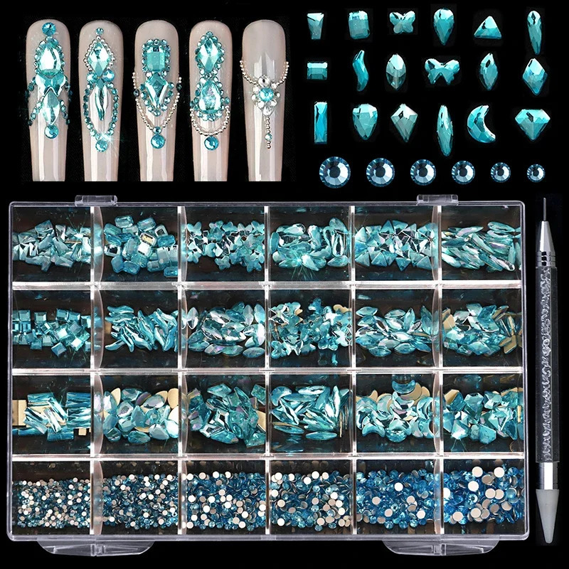 24grids Mixed Shapes Jewelry Shiny Diamond For Nail Art Decorations DIY Glass Crystal Set with Dot Drill Pen 240814
