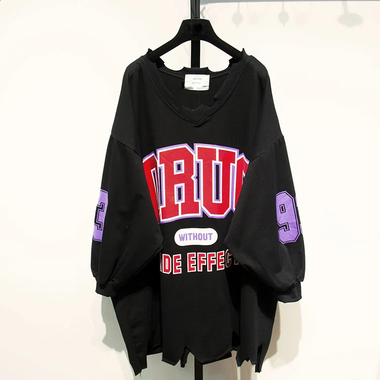 Tear loose sweatshirt for women in spring summer and autumn medium length Vneck printed with letters student shirt lazy hoodie 240814