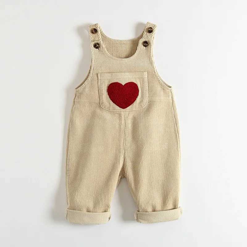 2024 New Baby Clothing Girls Embroidered Love Corduroy Jacket Retro Boys Ribbon Suspension jumpsuit Loose Children Trousers W240806