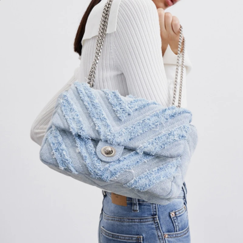 3 Fashion Womens Shoulder Denim Quilted Bags Retro Blue Jeans Chain Female Flap Handbag 240816 4 - view 5