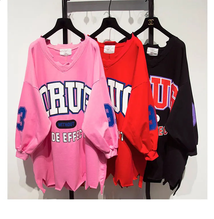 Tear loose sweatshirt for women in spring summer and autumn medium length Vneck printed with letters student shirt lazy hoodie 240814