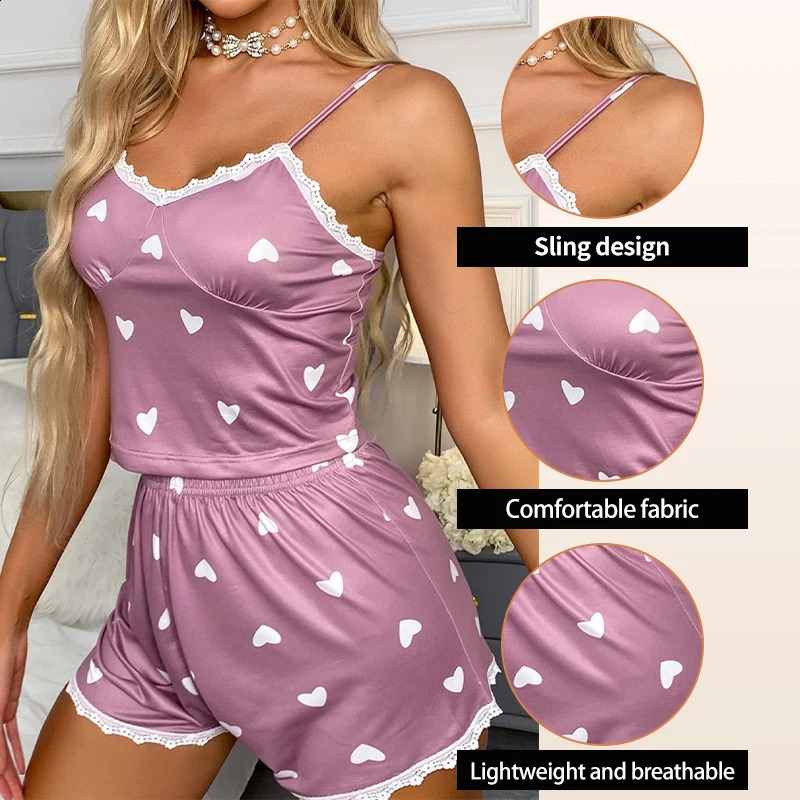 Womens two piece Vneck camisole lace printed top and shorts womens casual pajamas set w240819