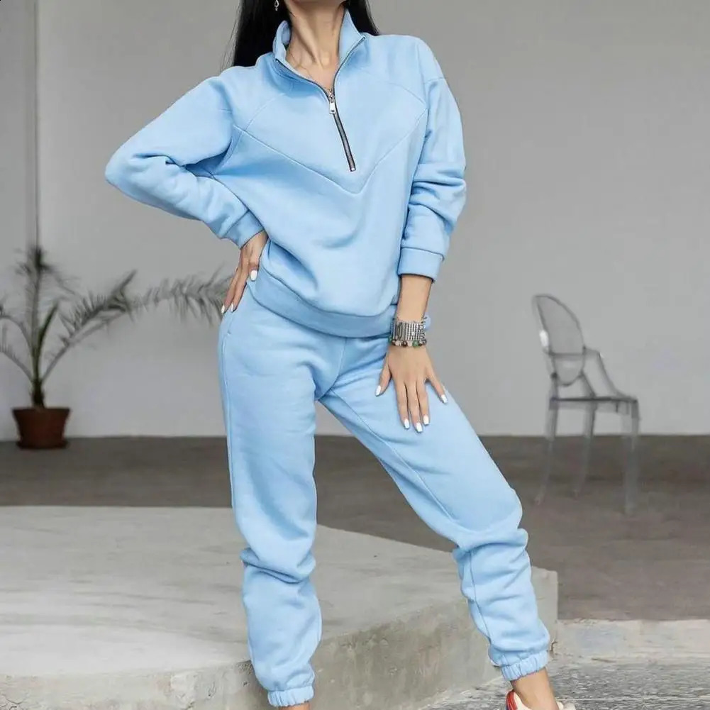 2 Pcs/Set Tracksuit Women Sweatshirt Pants Set Loose Long Sleeve Solid Color Warm Elastic Waist Tracksuit ensemble jogging femme 240809