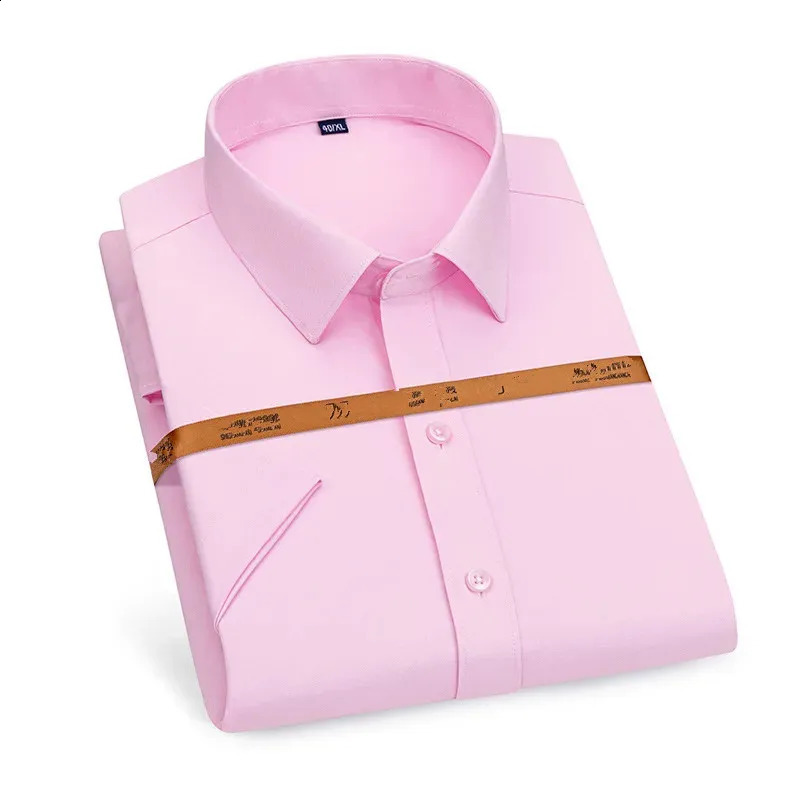 Basic Mens Dress Shirt Short Sleeve Summer Solid Free Iron Stretch Fashion Korean Slim Fit Business Casual Blue Pink 240818