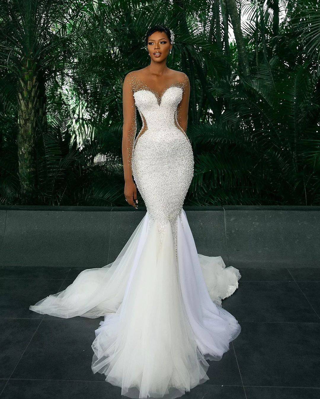 Mermaid Wedding Dress Pearls Beaded Bridal Gowns Sheer Neck Custom Made Long Sleeve Bride Lace Up Sweep Train Vestido De Novia 0218