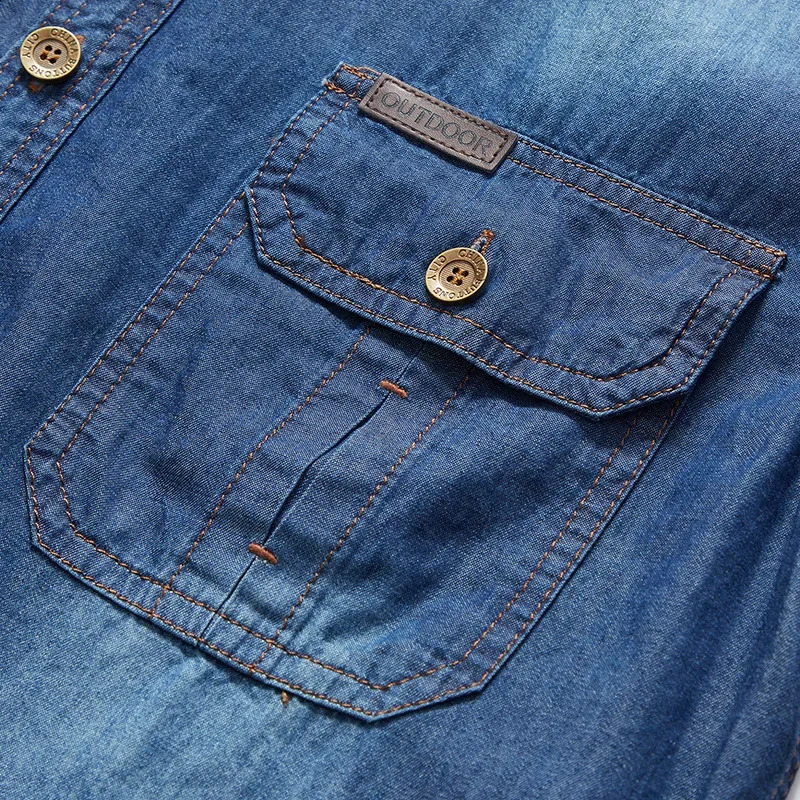 Men Multi pockets Denim Tooling Shirts Summer Short Sleeve Blue Jeans Shirts High Quality Men Cotton Casual Shirts Size 5XL 240816
