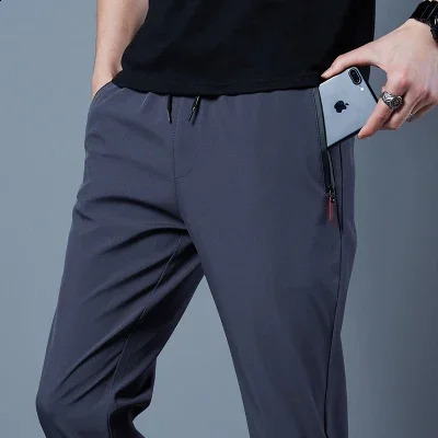 Ice Silk Mens Pants Black Gray Thin Business Casual Pants Outdoor Elastic Breathable Straight Leg Sweatpants 240819