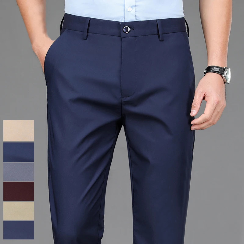 Mens long pants stretch pure black intelligent casual mens Trouser office quick drying set pants spring summer autumn Korean straight pants 240828
