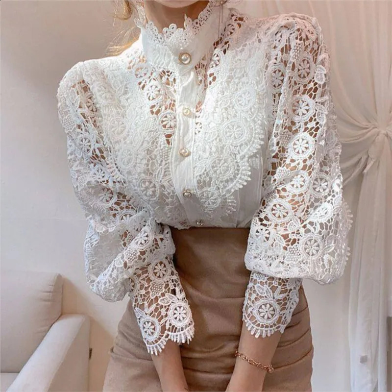 White lace shirt womens spring and autumn sexy long sleeved pearl button flower hollow blue transparent mesh top 240814