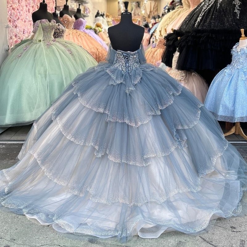 Navy Blue Shiny Off the Shoulder Quinceanera Dresses Princess Sweet 16 Champagne ing Beads Crystal Tull Tiered Birthday Party Lace Up Vestido 15 De