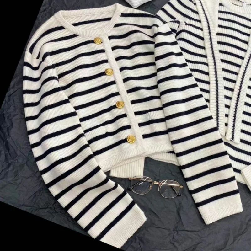 Womens long sleeved round neck button up front striped knitted cardigan wool sweater 240819