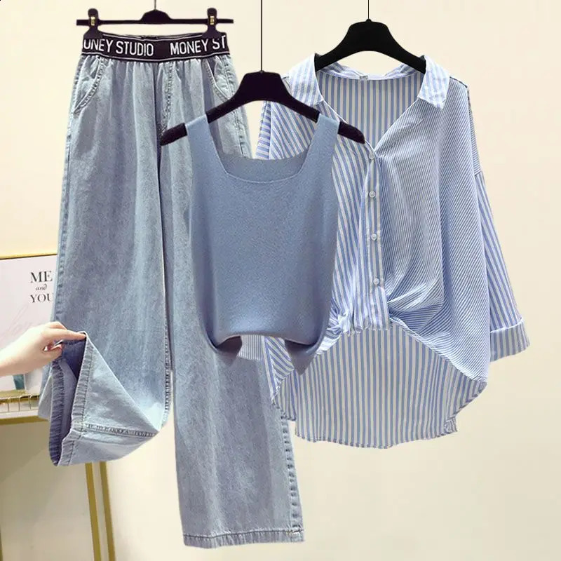 2024 Summer Womens Clothing Set Womens Casual Loose Shirt Tank Top Wide Leg Denim Pants 3-Piece Set Fashion Letter Jeans Shirt 240819