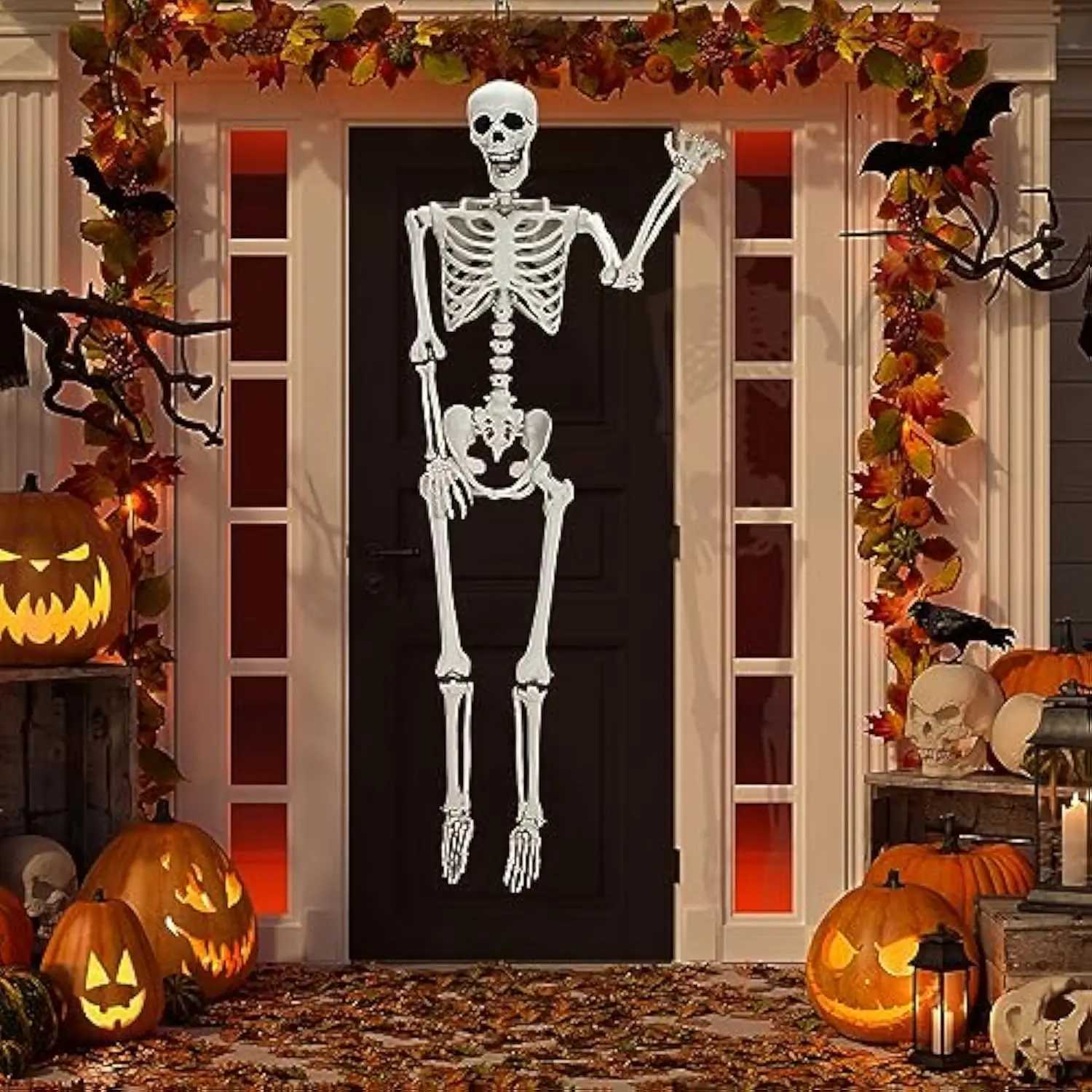 New 165cm Halloween Life Size Skeleton Plastic Skeleton Poseable Joints Realistic Skull Human Bones Cemetery Haunted House Decor CL240819
