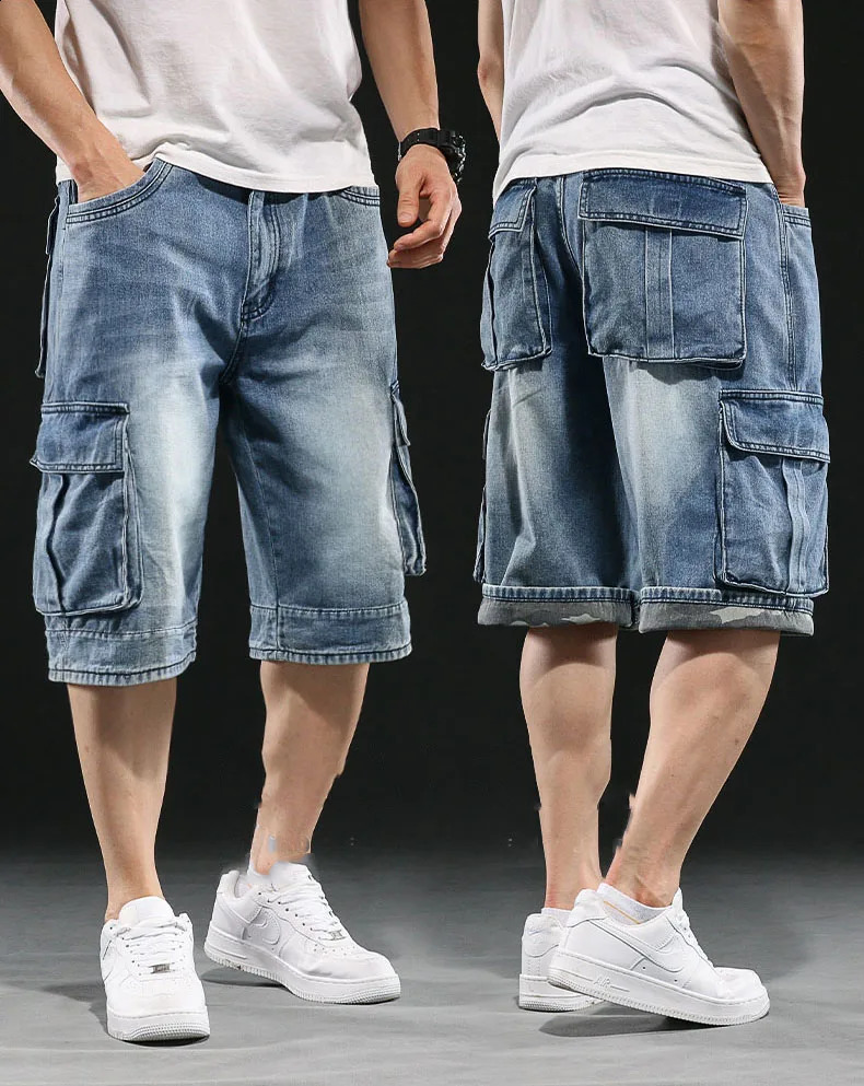 Retro Yellow Multi Pocket Work Cargo 7 Point Denim Shorts Mens Wide-leg Loose Fat Jeans Shorts Plus Size 42 44 240816