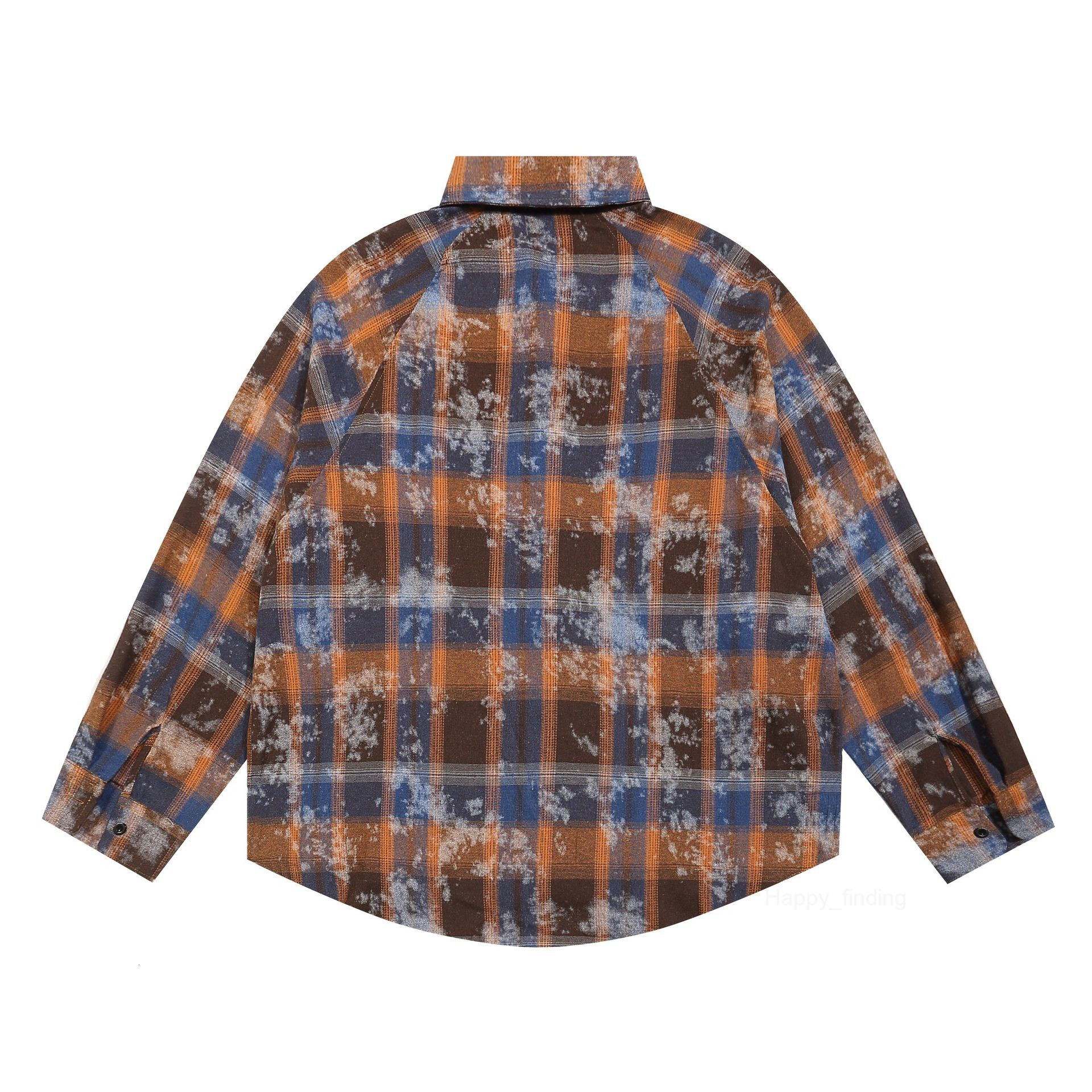 American Street High-end Neutral Spray Dirty Color Vintage Mens Long Sleeved Lapel Plaid Shirt