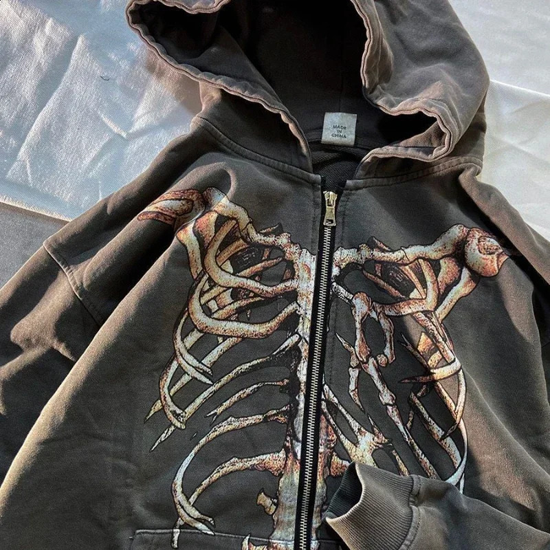 Sweatshirts for Man Hip Hop Full Zip Up Mens Clothing Hooded Punk Emo Skeleton Graphic Rock Aesthetic Hoodies Sweat Shirt 240816