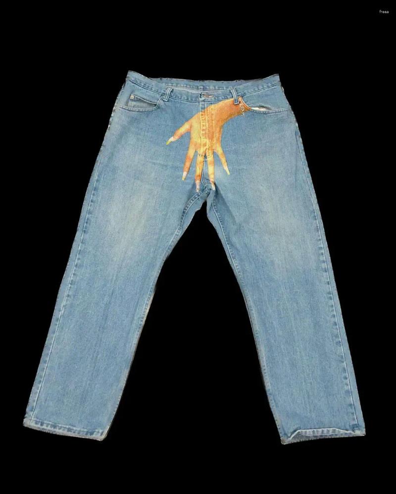 Mens Jeans Hip Hop Hand Print Baggy For Men Vintage Streetwear Slouchy 2000s High Street Y2K Wide Leg Pants Denim Clothing