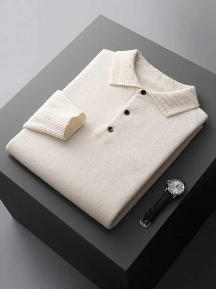 Polo Collar T-Shirt Mens Wool Sweater Pullover Spring Autumn Smart Casual Cashmere 00% Merino Wool Knitwear Soft Jacquard Jumper W250322