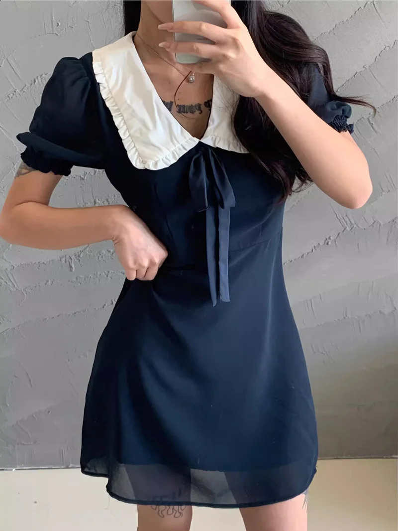 Women Oversized Collar Puff Sleeve Mini Dress With Bow Detail 240819