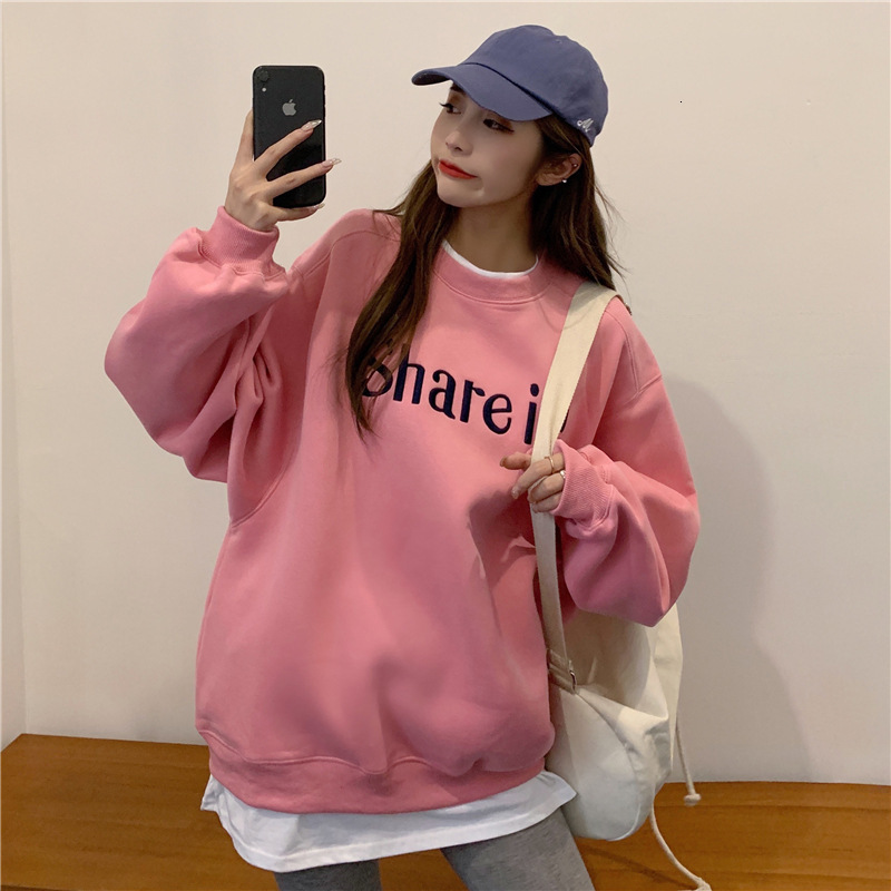 2024 autumn and winter new Korean version letter embroidery fake two-piece thick velvet long sleeved sweatshirt women's pullover style top dc2b3