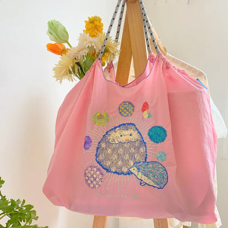 Cat Embroidery Eco Bag er Bags for Women Shoulder Bag Ball Tiger Shopper Tote Rope Handle Handbags and Purses Animal Hobo 240819