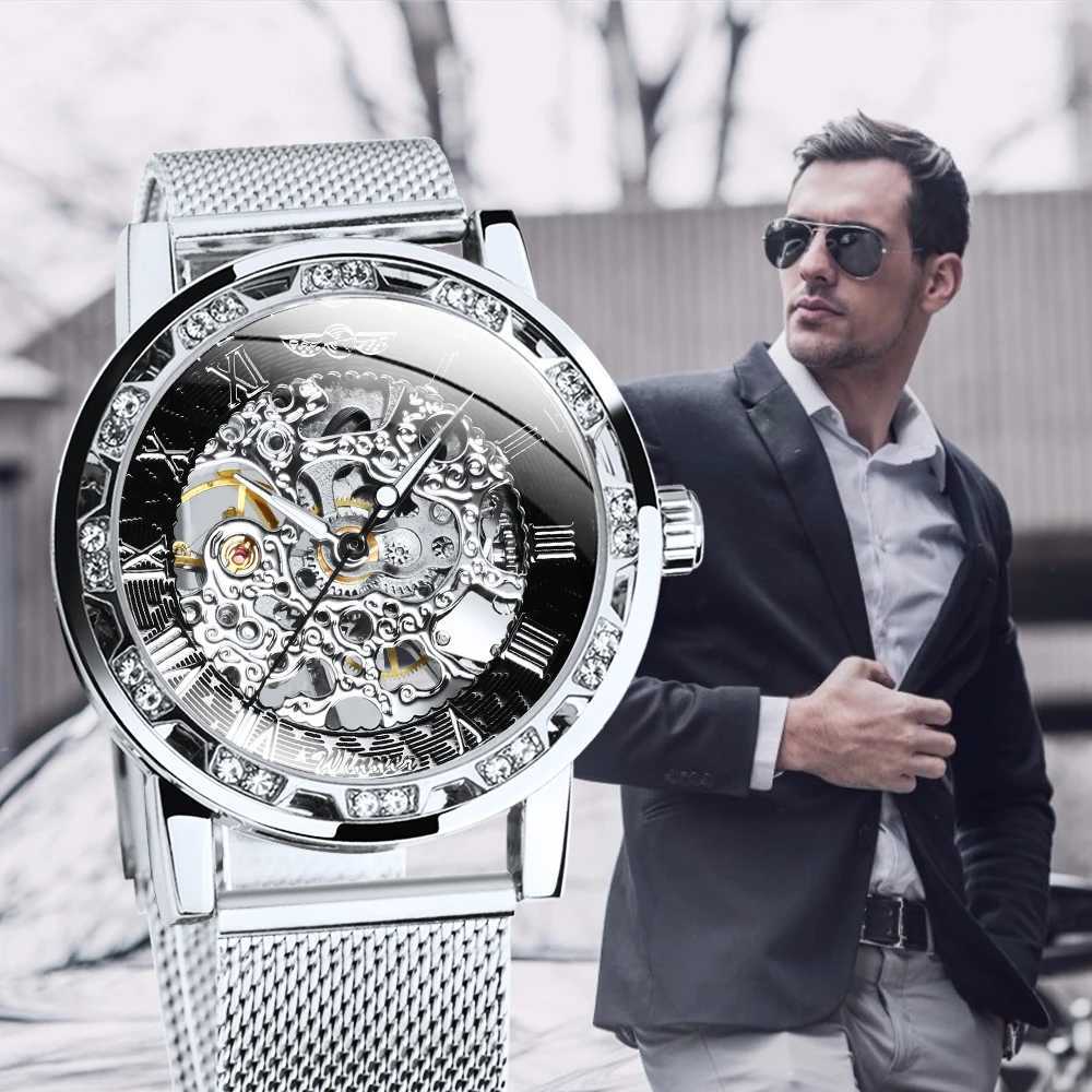 Winners Fashion Carving Skeleton Mens Silver Top Brand Luxury Mechanical Ultra Thin Mesh Str Crystal Neutral Size Clock W250104