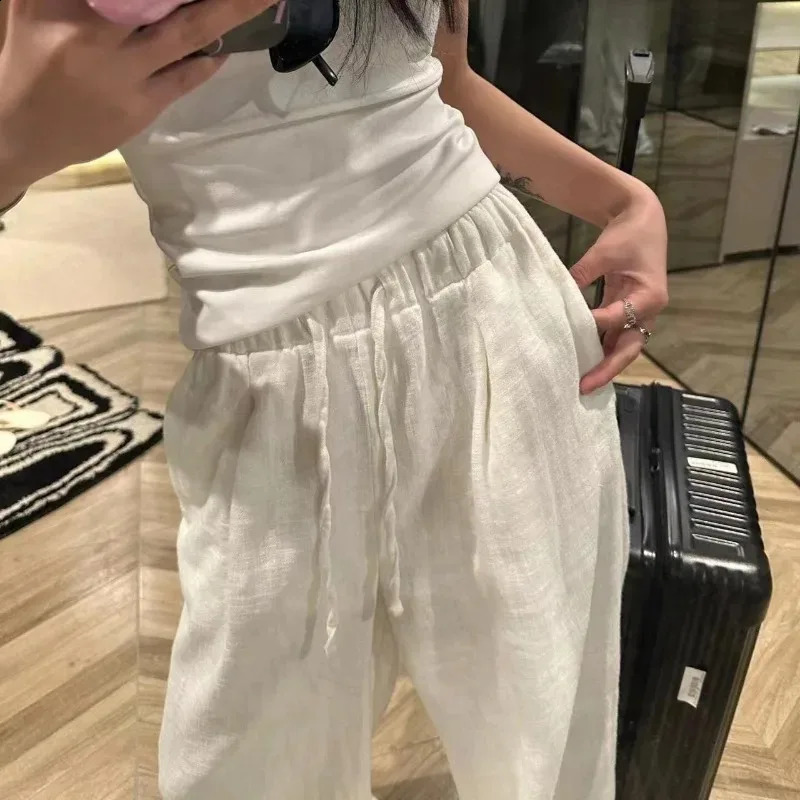 Deeptown White Basic Linen Women Pants Elastic Waist Harajuku Korean Fashion Baggy Trousers Female Thin Oversized Casual Summer 240816
