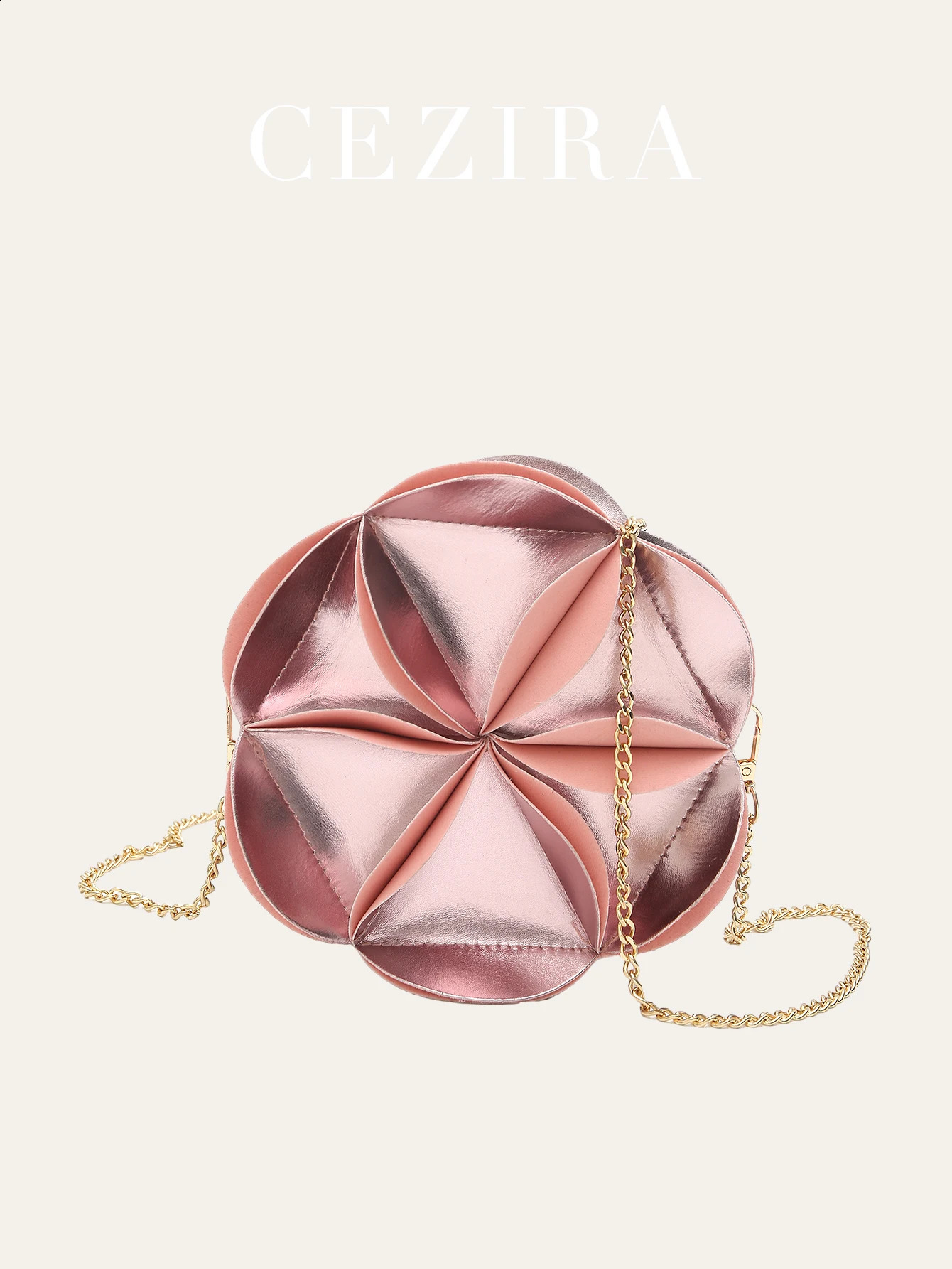 CEZIRA Metal Rose Gold PU Leather Handbag Womens Fashion Pet Stickers Small Round wer Wallet Long Chain Cross Body Bag 240819 zhanyishengli
