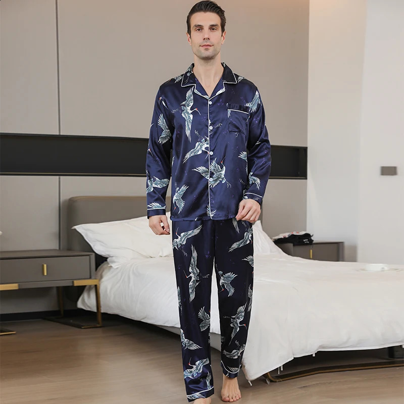 Mens pajamas long sleeves ice beautiful home clothes mens spring and autumn casual thin cardigan can wear out two suits 240819