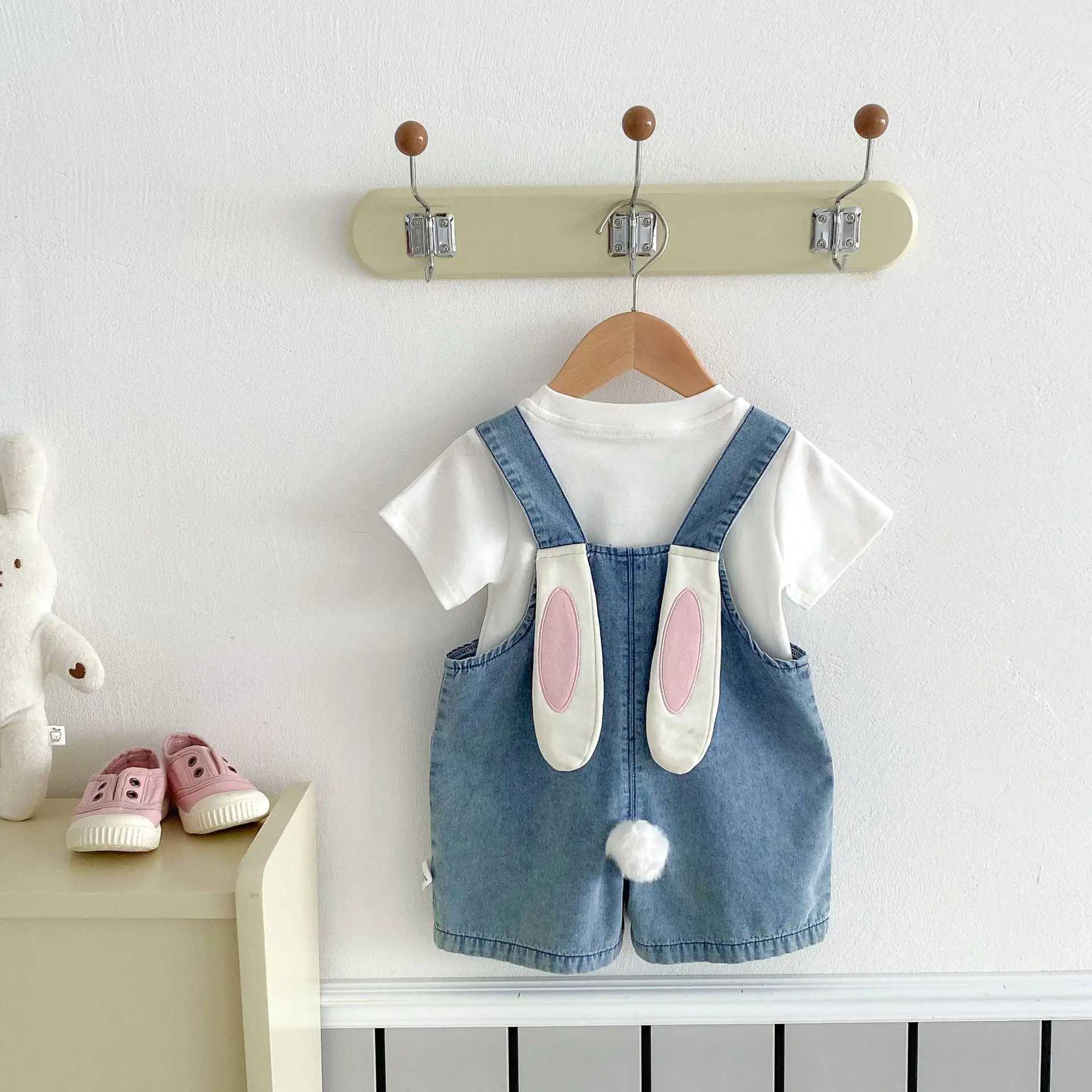 Summer Girl Baby Rabbit Ears Over Girls Children Loose and Cute Jeans Baby Retro Casual Suspension Pants Kid Cotton Mid Trousers W241227