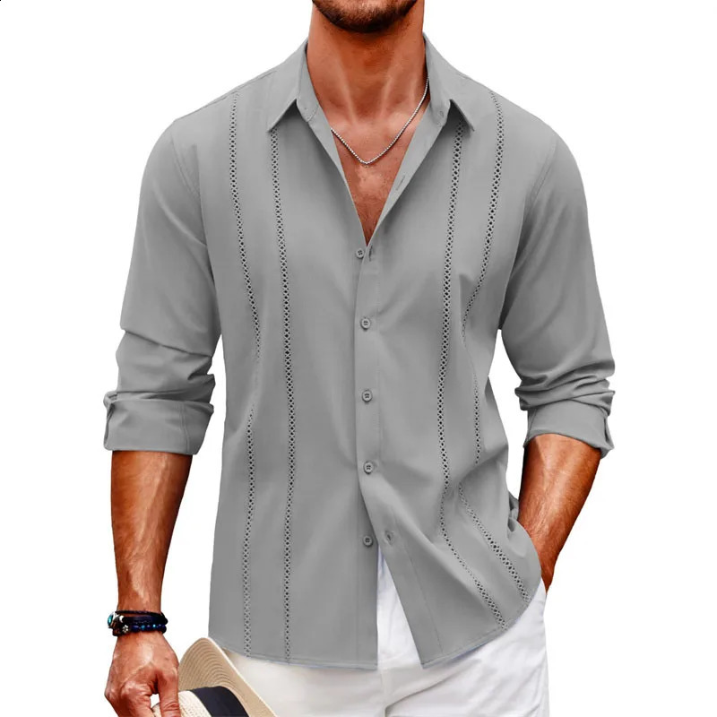 Simple casual lace long sleeve shirt cross-border beach linen button mens long sleeve solid color plus-size shirt 240816