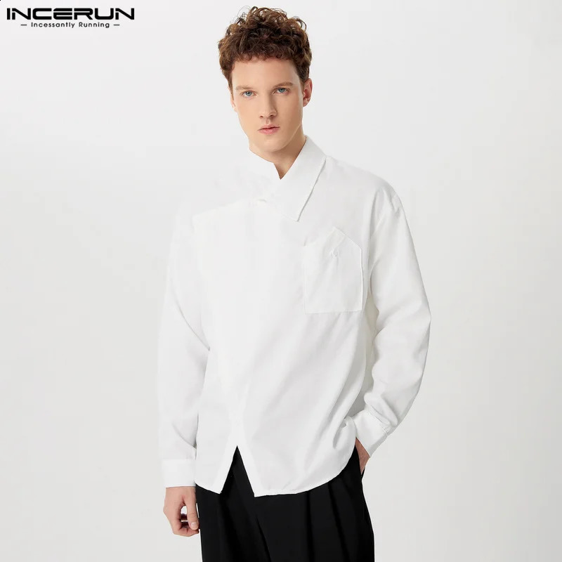 Casual Simple Style Tops INCERUN Mens Diagonal Placket Solid Simple All-matcg Blouse Handsome Male Long Sleeved Shirts S-5XL 240816