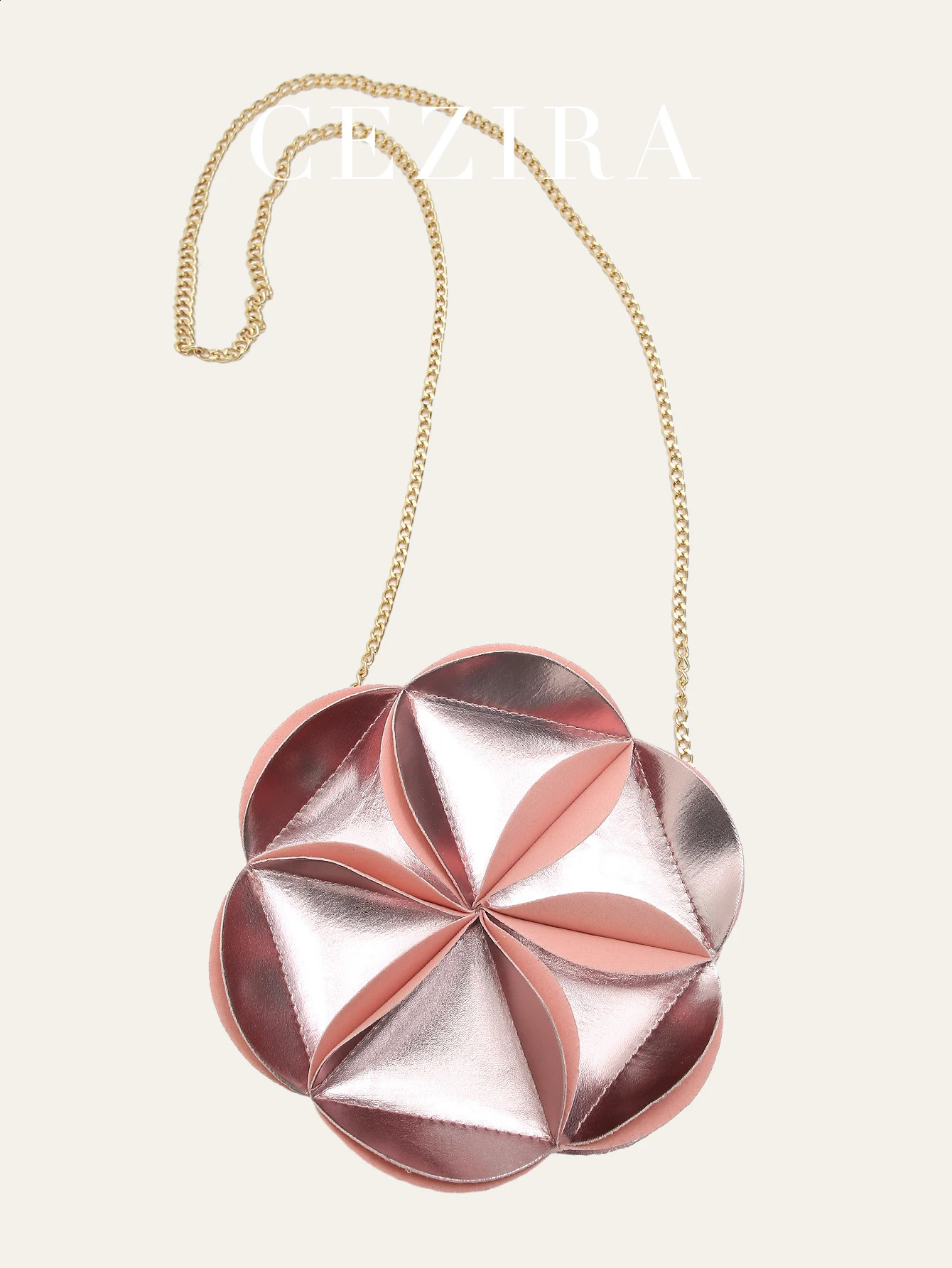 CEZIRA Metal Rose Gold PU Leather Handbag Womens Fashion Pet Stickers Small Round wer Wallet Long Chain Cross Body Bag 240819 zhanyishengli