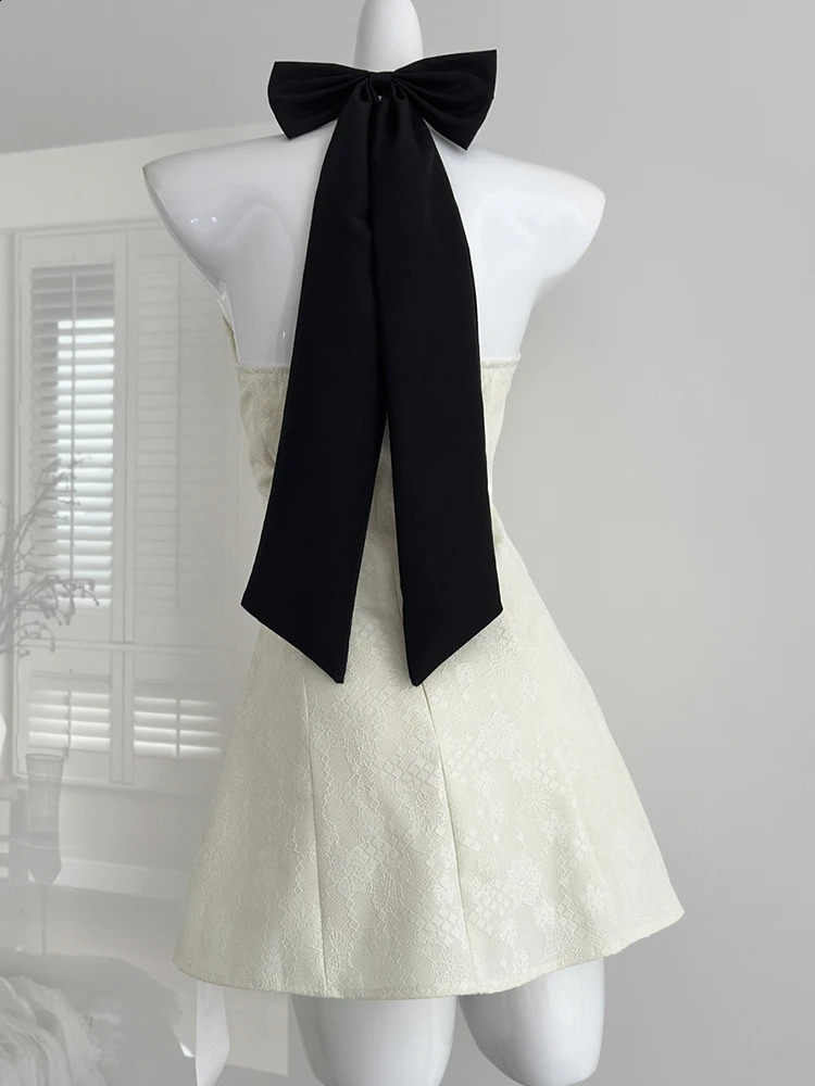 Summer French Vintage Prom Gown Old Money Mini Sleeveless Bow Dress Women Backless Frocks One-Piece Party Elegant Evening Gyaru 240819