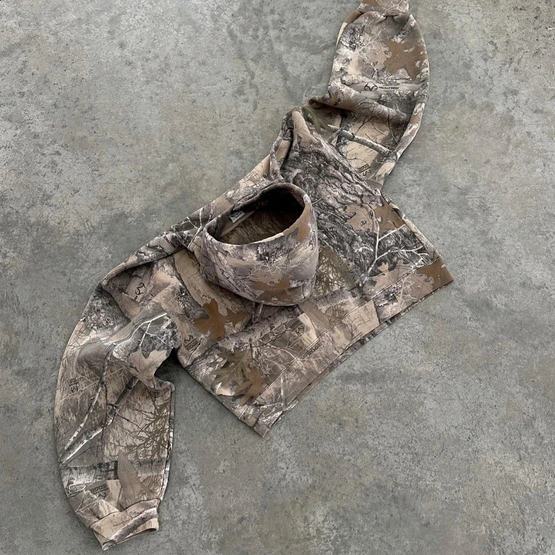 Y2K retro mens printed camouflage pattern pullover sweatshirt street hip-hop streetwear oversized unisex camouflage hoodie 240823