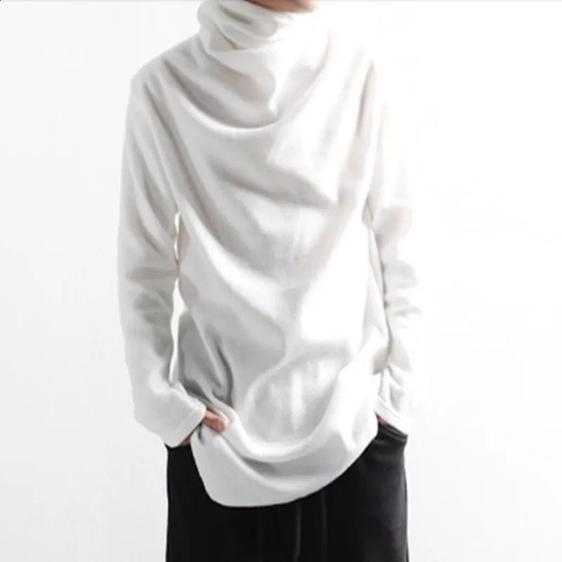 Mens T-shirts Spring and Autumn Korean edition plain turtleneck loose-fitting irregular long sleeve T-shirts trend 240819