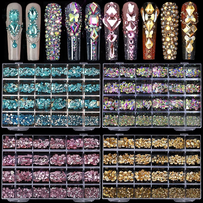 24grids Mixed Shapes Jewelry Shiny Diamond For Nail Art Decorations DIY Glass Crystal Set with Dot Drill Pen 240814