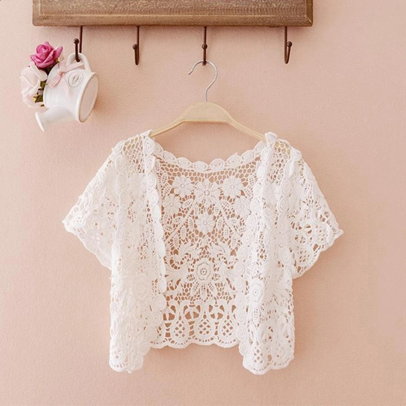 Women Short Sleeve Tassels Cardigan Lace Shrugs Sheer Beach Cover Up for Dresses N7YF 240819